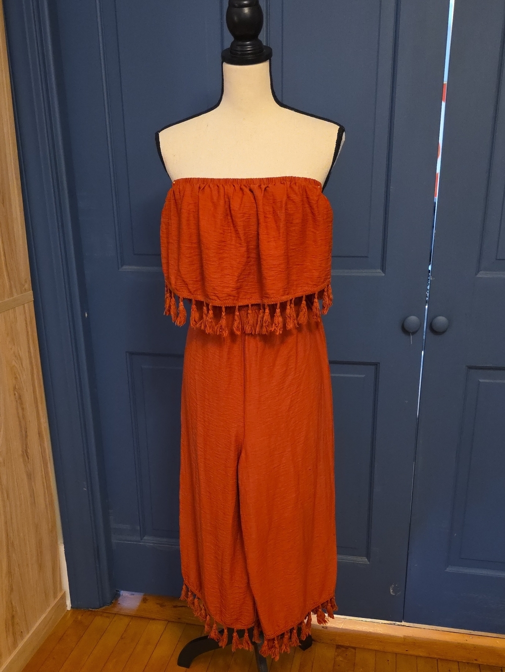 NWOT SHEIN Rust Orange Strapless Tassel-Trim Jumpsuit Size Small